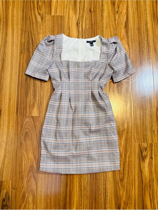 Forever 21 Dresses & Skirts - Forever 21 Plaid Square-Neck Mini Dress - Brown & Cream - Size S